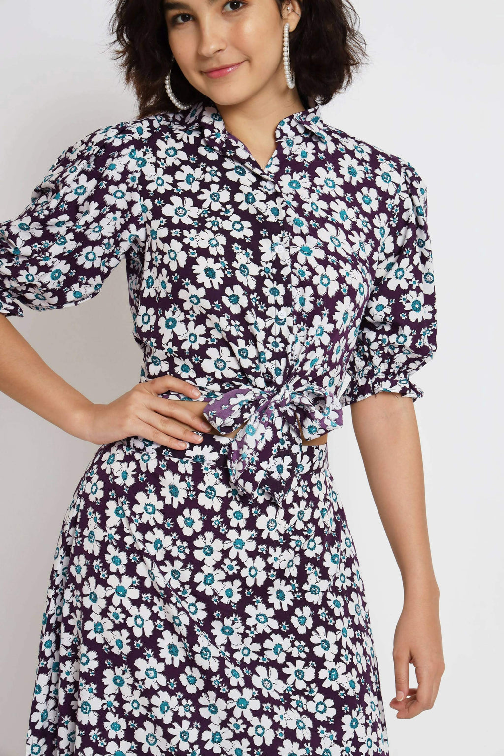 Purple Crepe Floral Printed Top with Matching Skirt - Shivani