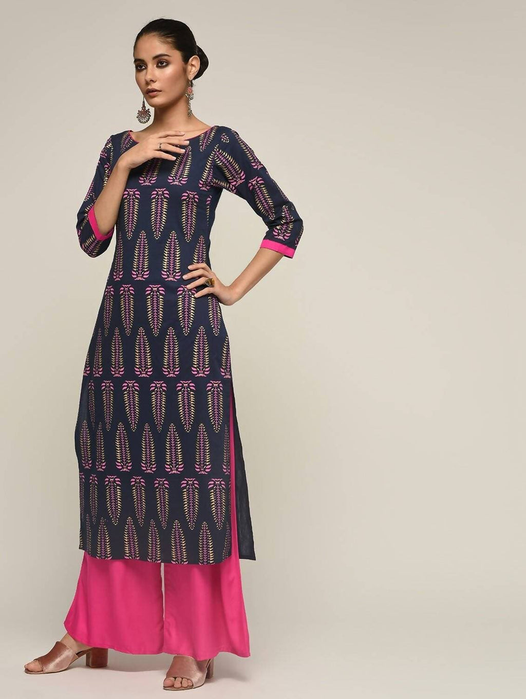 Cheera Hand Block Print Navy & Magenta Straight Kurta With Palazzo (MAAI-095K)
