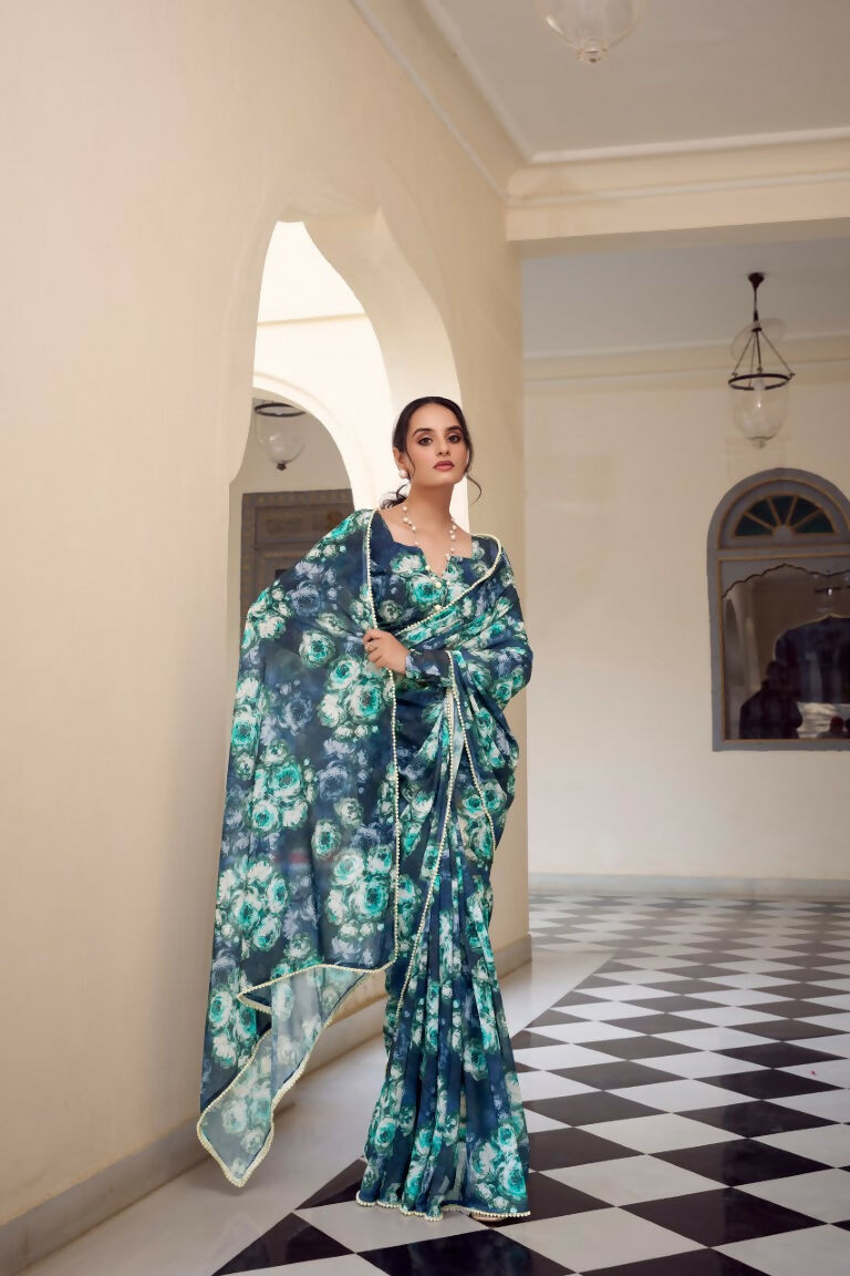 Vastranavya Navy Blue Weightless Marble Printed & Pearl Lace Border Saree with Unstitched Blouse