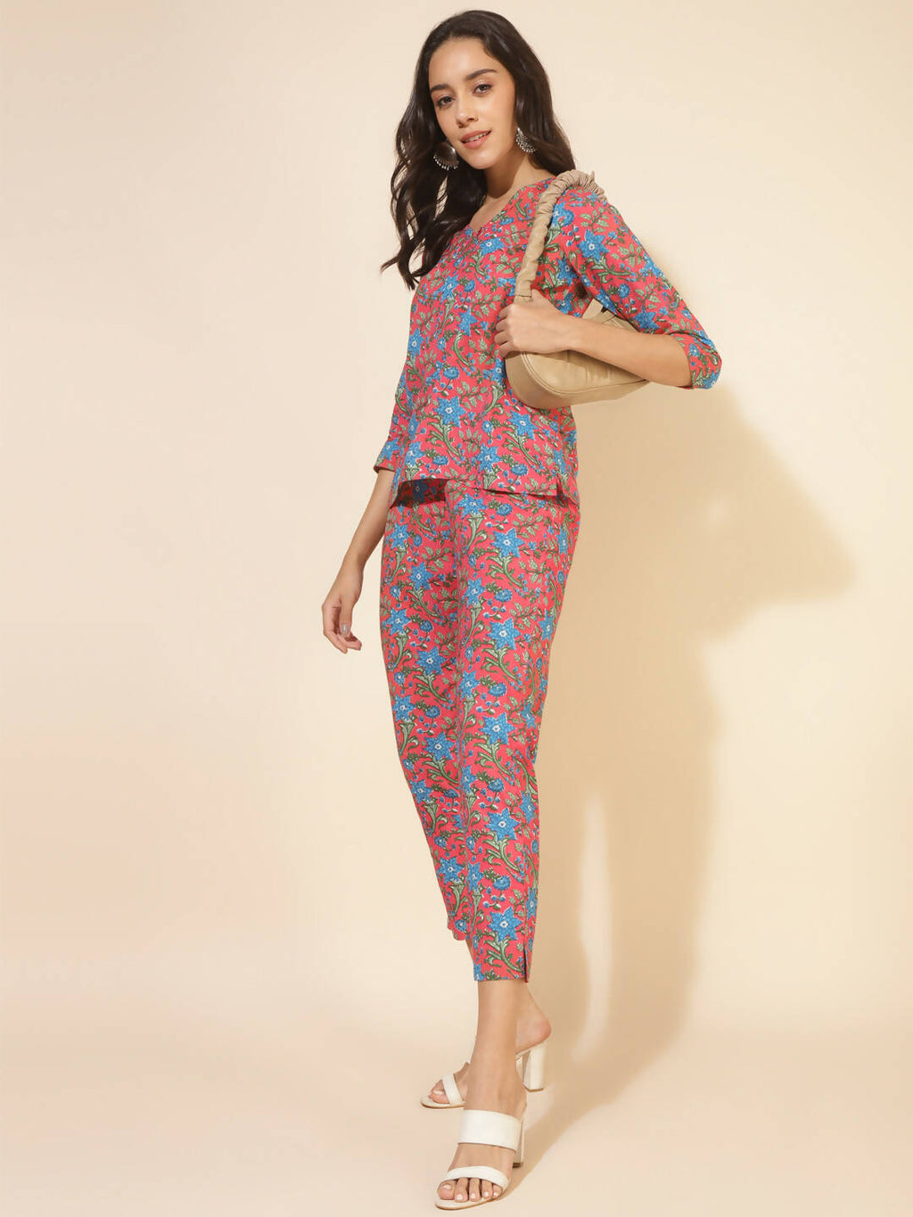 Janasya Women's Pink Cotton Floral Printed Casual Regular Co-ords