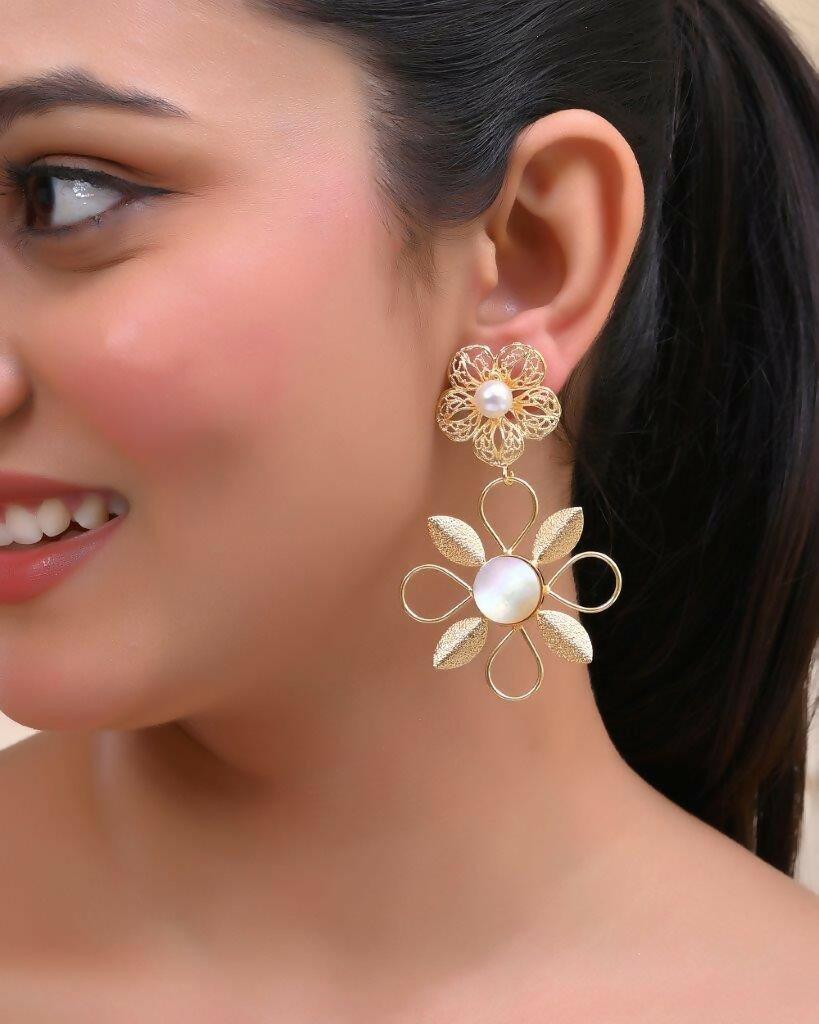 VOJ Gold-Polished Pearl Studded Flower Shaped Drop Earrings