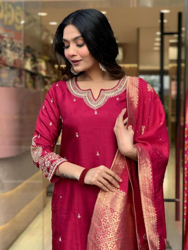 The52 Maroon Beautiful Embroidered Viscose Chanderi Fabric Straight Kurta Pant with Dupatta Set