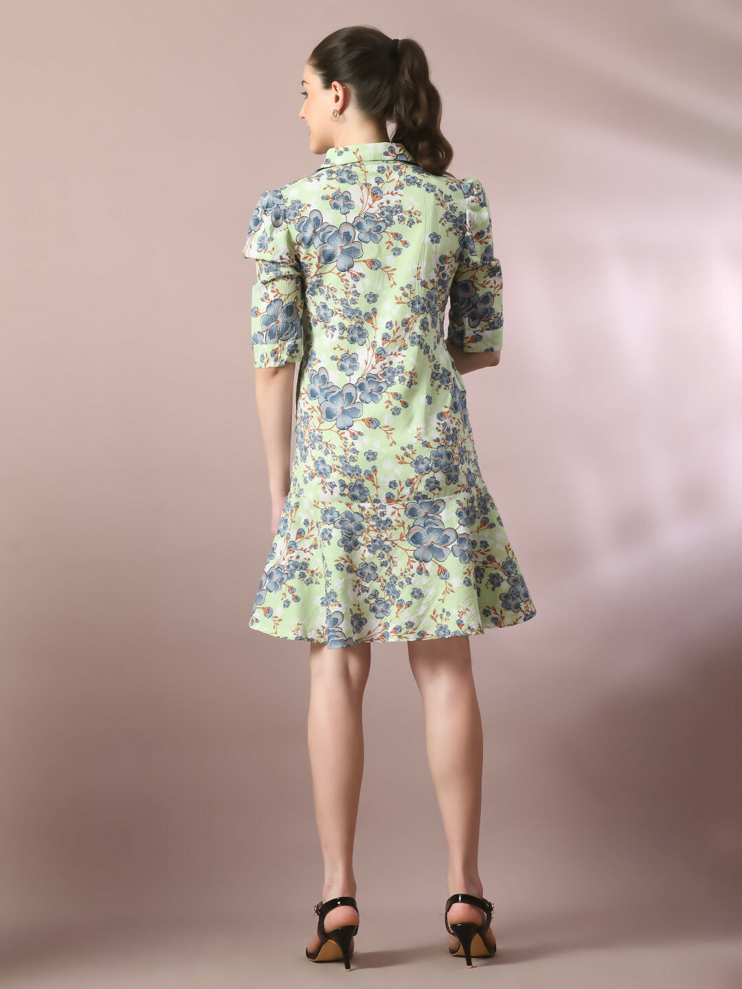 Myshka Women's Green Printed Shirt Collar Fit and Flare Party Dress