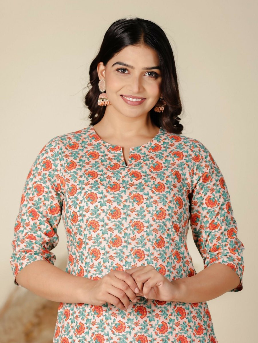 Aramya Orange Soft Cotton Floral Print Straight Kurta Set for Women