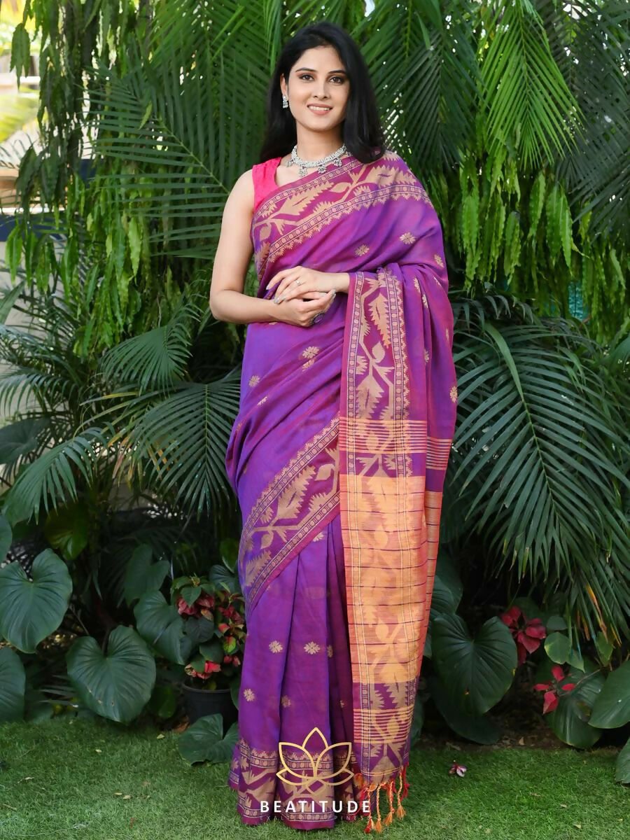 Exclusive Collection Beautiful Violet Pure Cotton Woven Handloom Saree With Running Blouse Piece