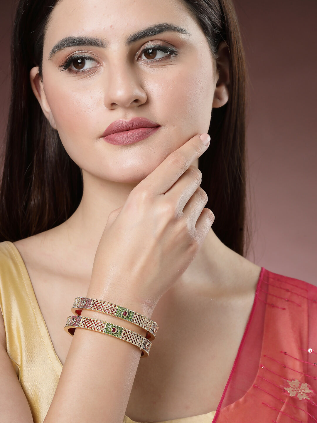 NVR Women's Set Of 2 Gold-Polished Red Kundan Traditional Bangles
