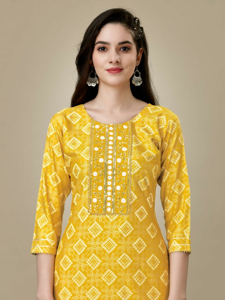 Jyoti Fashion Women's Yellow Rayon Embroidered Kurta Pant Set
