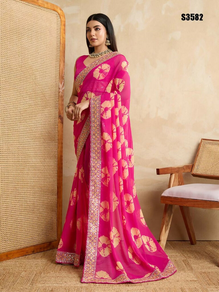 Pink Georgette Printed Designer, Embroidery Work Lace Border Saree - Aarvi