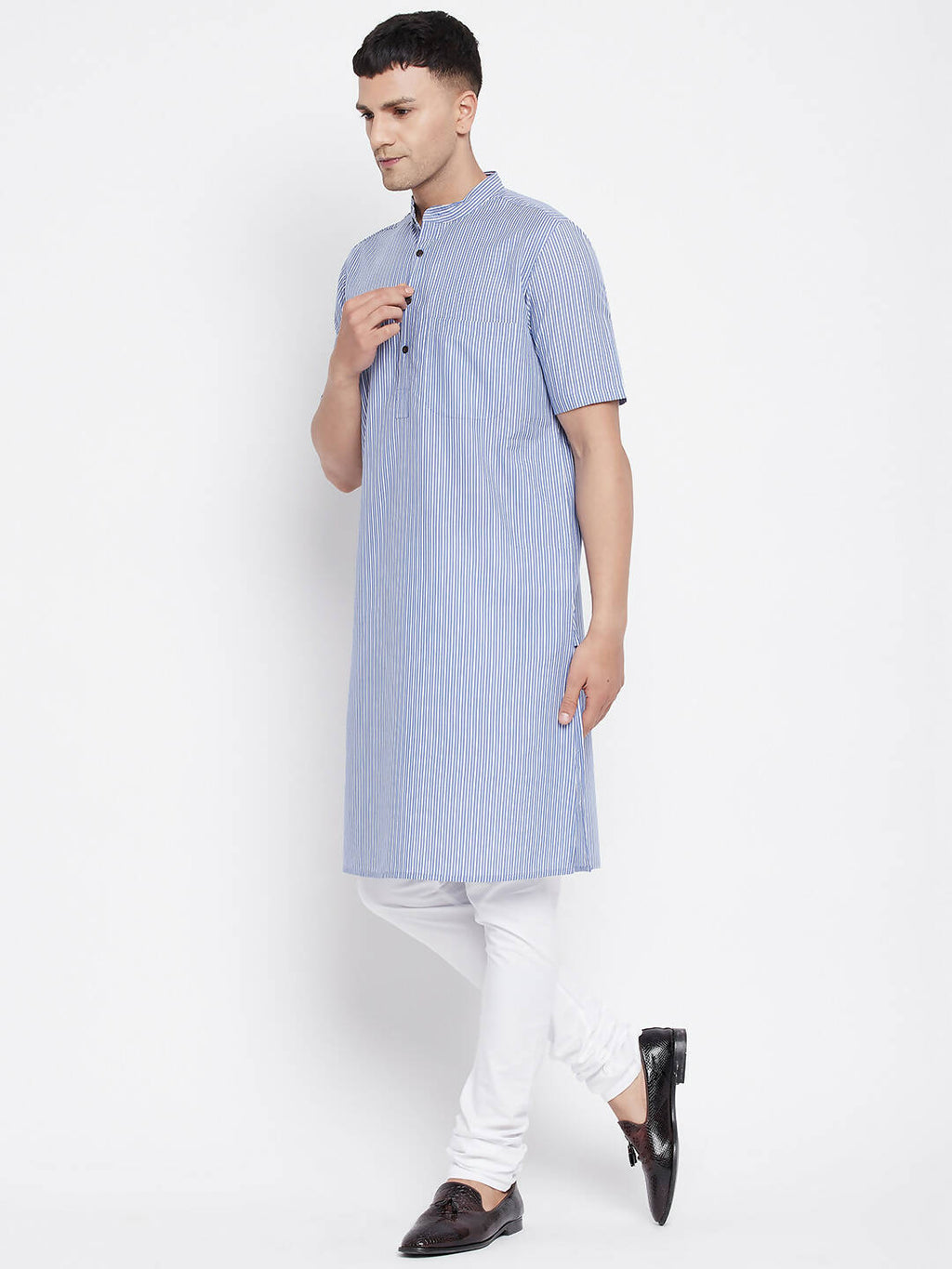Even Apparels Blue Men's H/S Pure Cotton Kurta With Band Collar