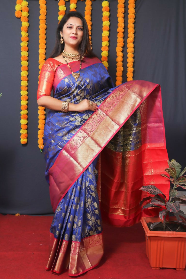 Jyoti Fashion Women's Blue Kanjivaram Silk Zari Woven Saree with Blouse