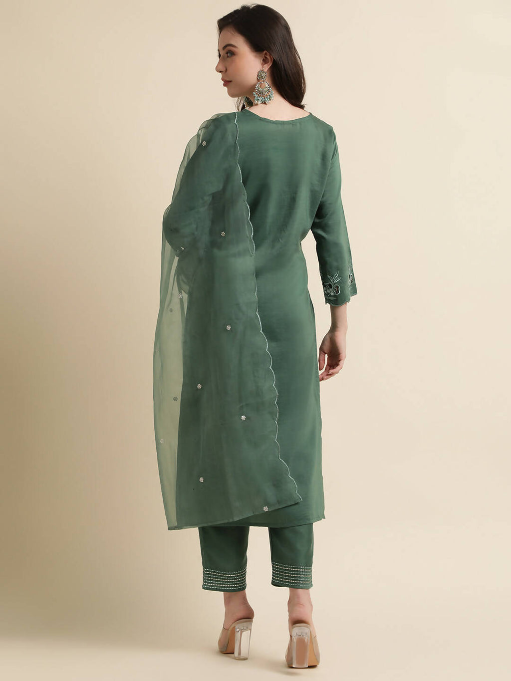 Green Chinon Silk Embroidered Straight Kurta with Trouser & Dupatta - Salimar
