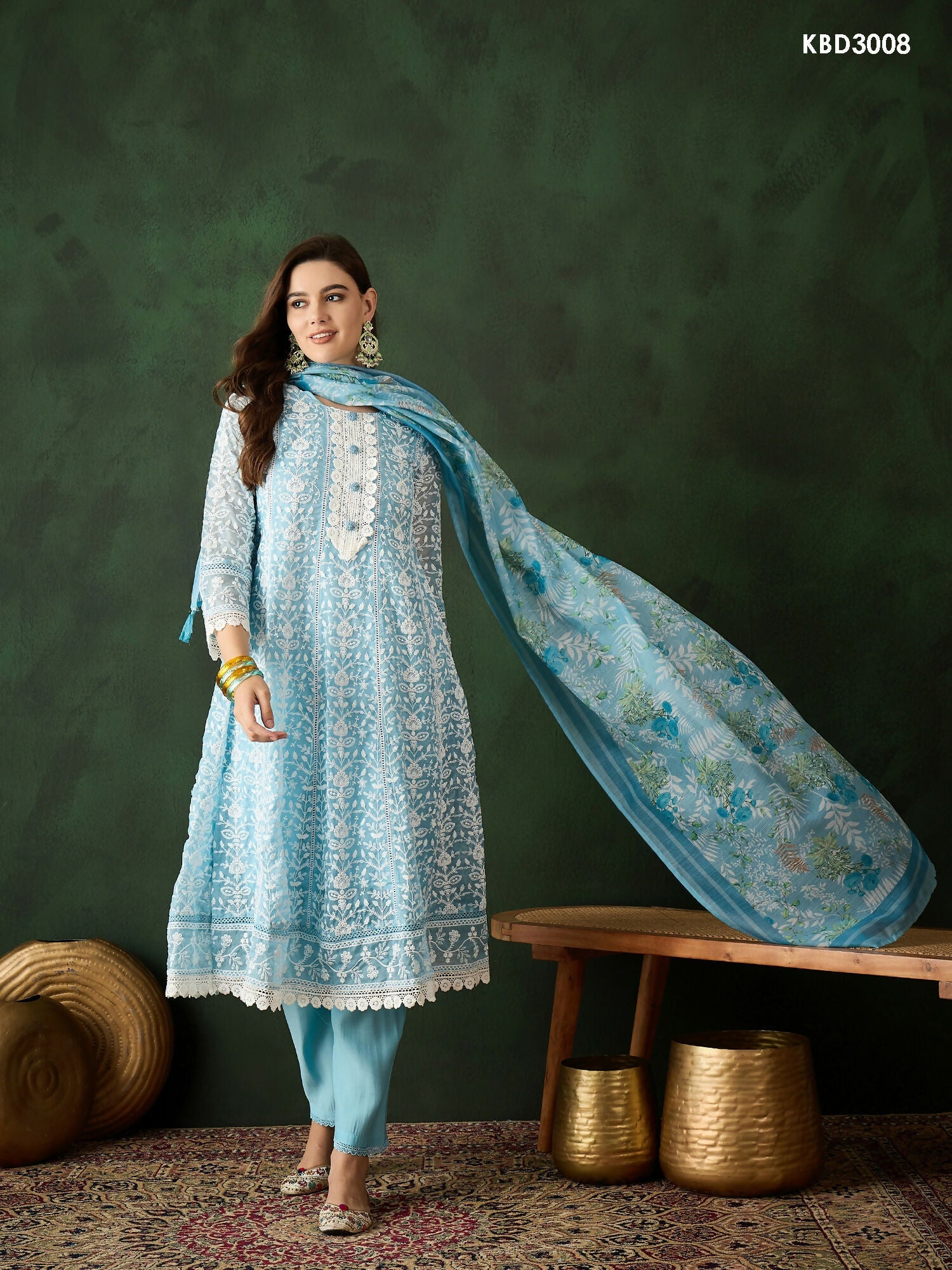 Blue Crystal Organza schiffli embroidery Kurta With Trouser & Dupatta - Bhumi