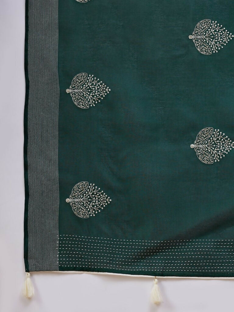 Green Cotton Blend Thread Embroidered Saree with Unstitched Blouse - Satya