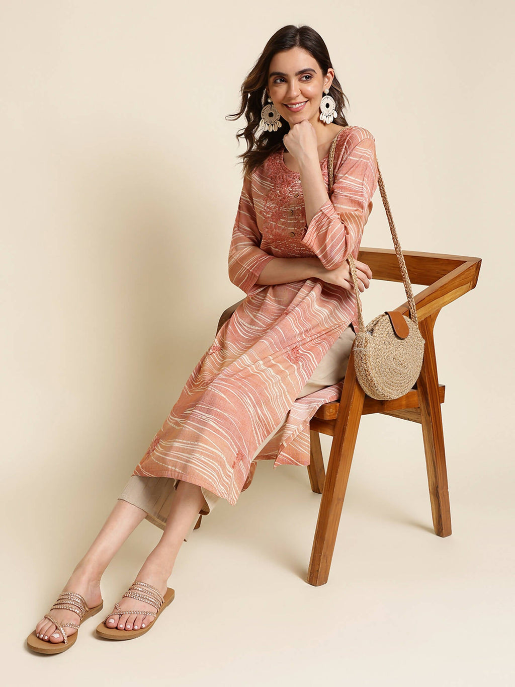 Peach Poly Rayon Stripe Printed Straight Fit Kurta - Prasuti