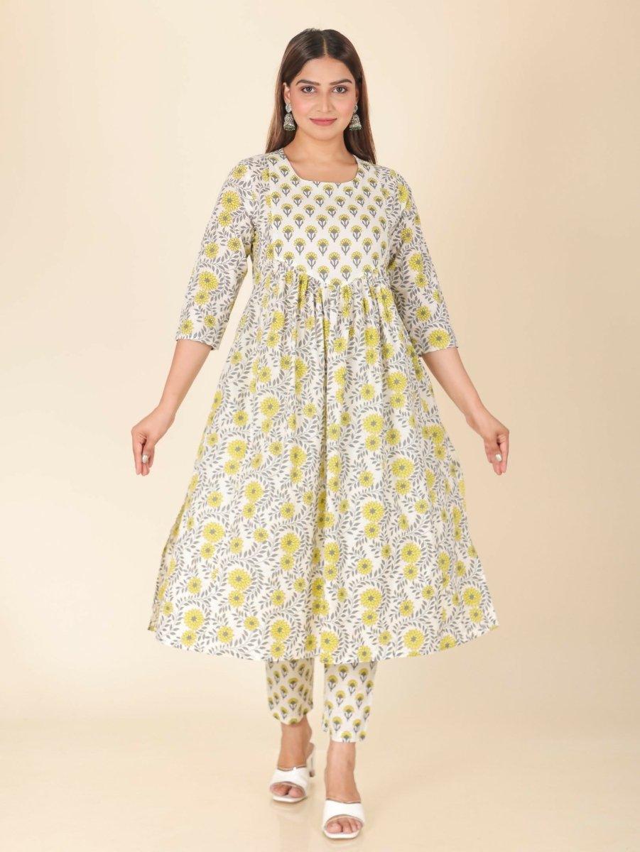 Aramya Yellow Soft Cotton Floral Print A-line Kurta Set for Women