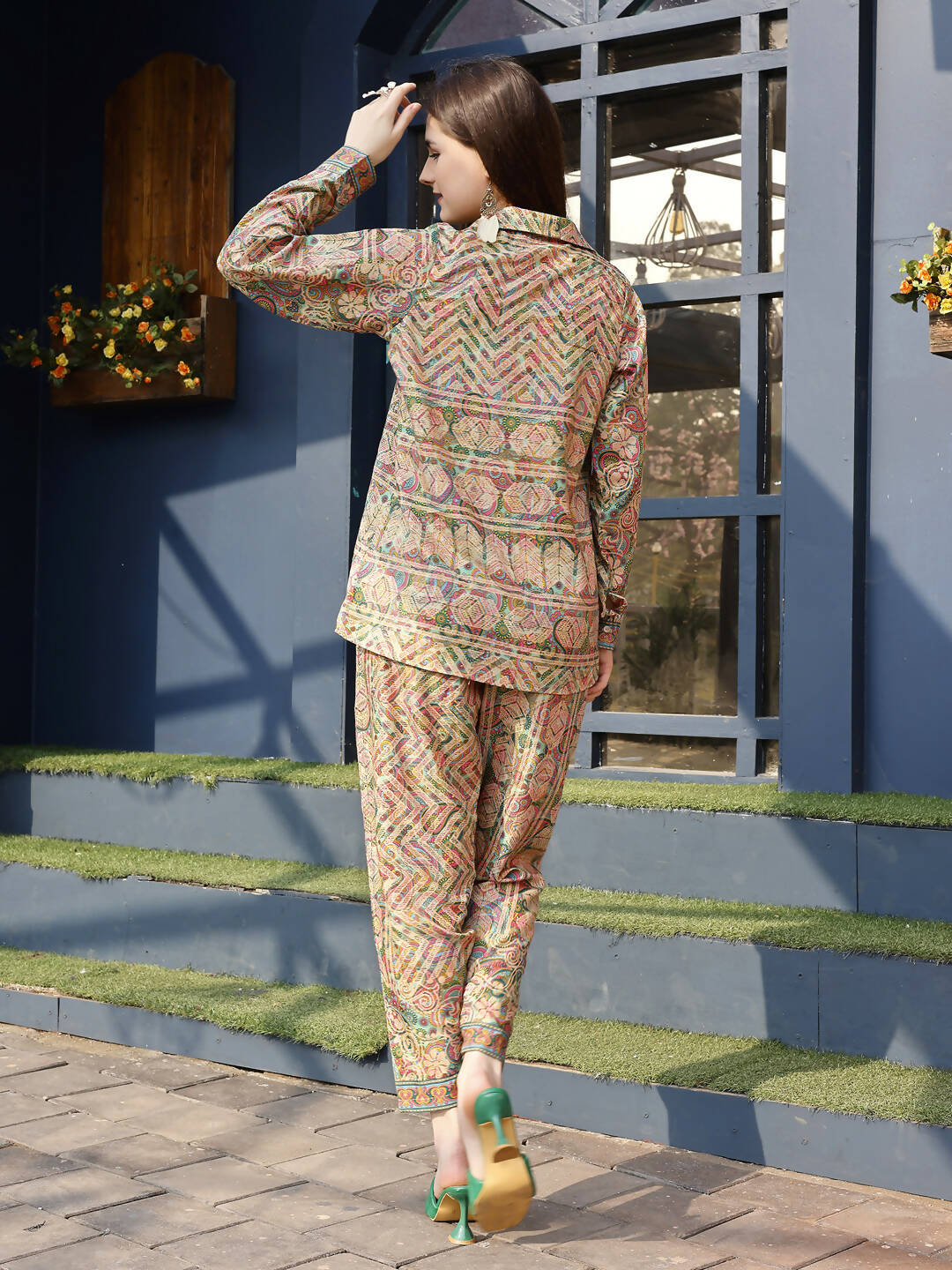 Orange & Green Rayon Paisley & Floral Printed Top with Matching Bottom - Eesha