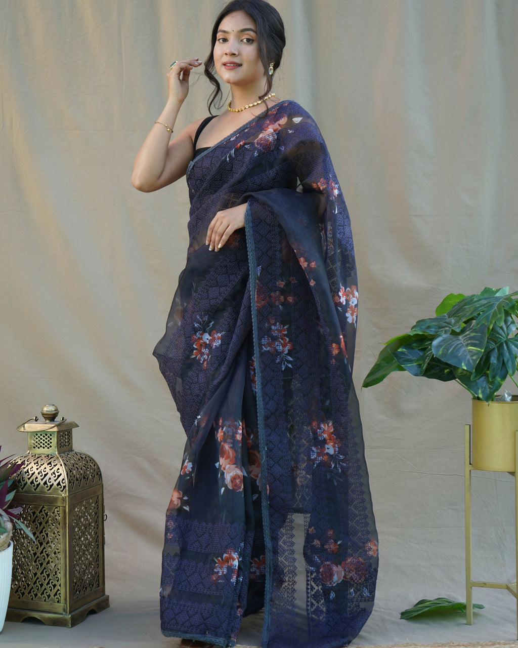 Vamsee Nitya Navy Blue Organza Saree