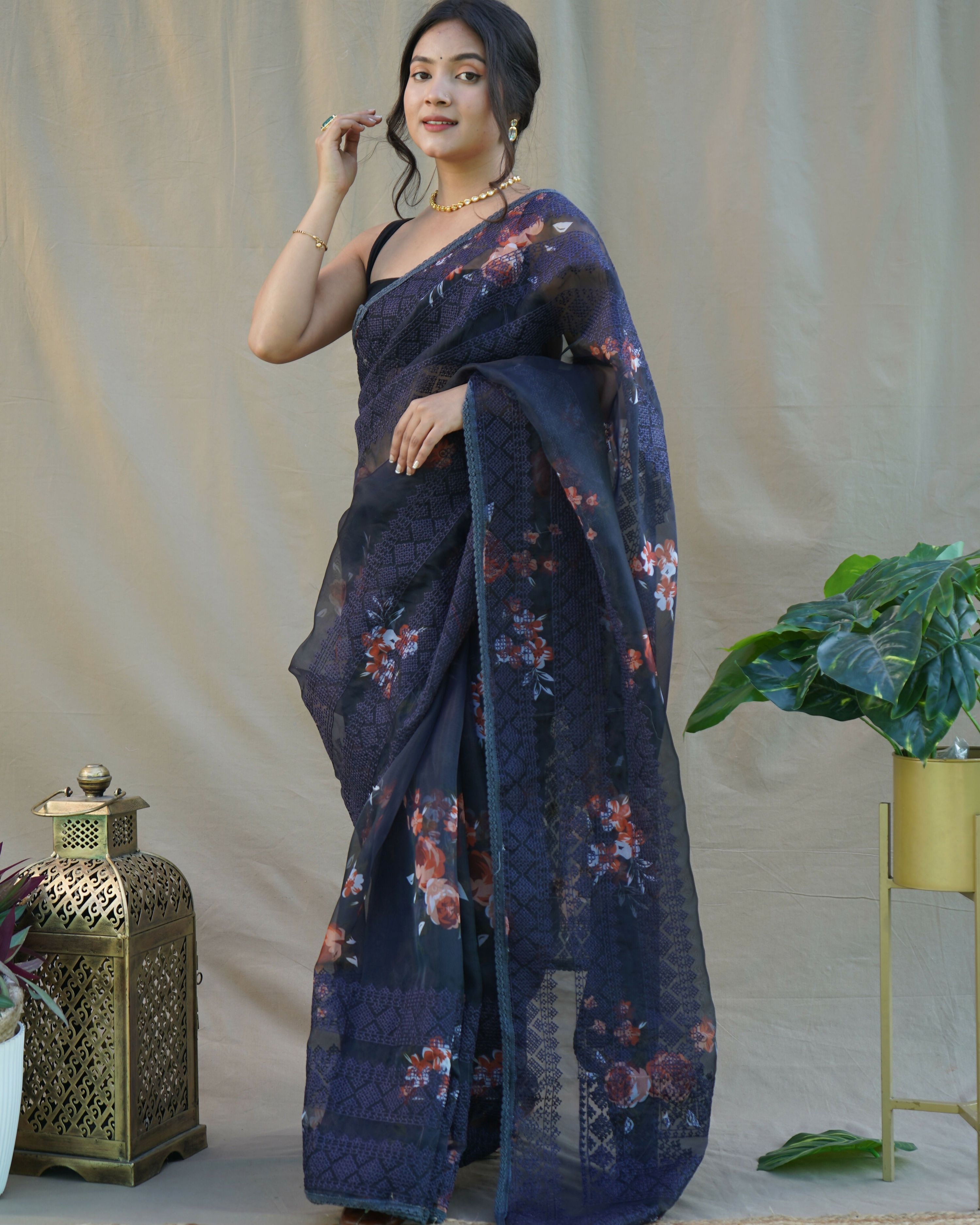 Vamsee Nitya Navy Blue Organza Saree