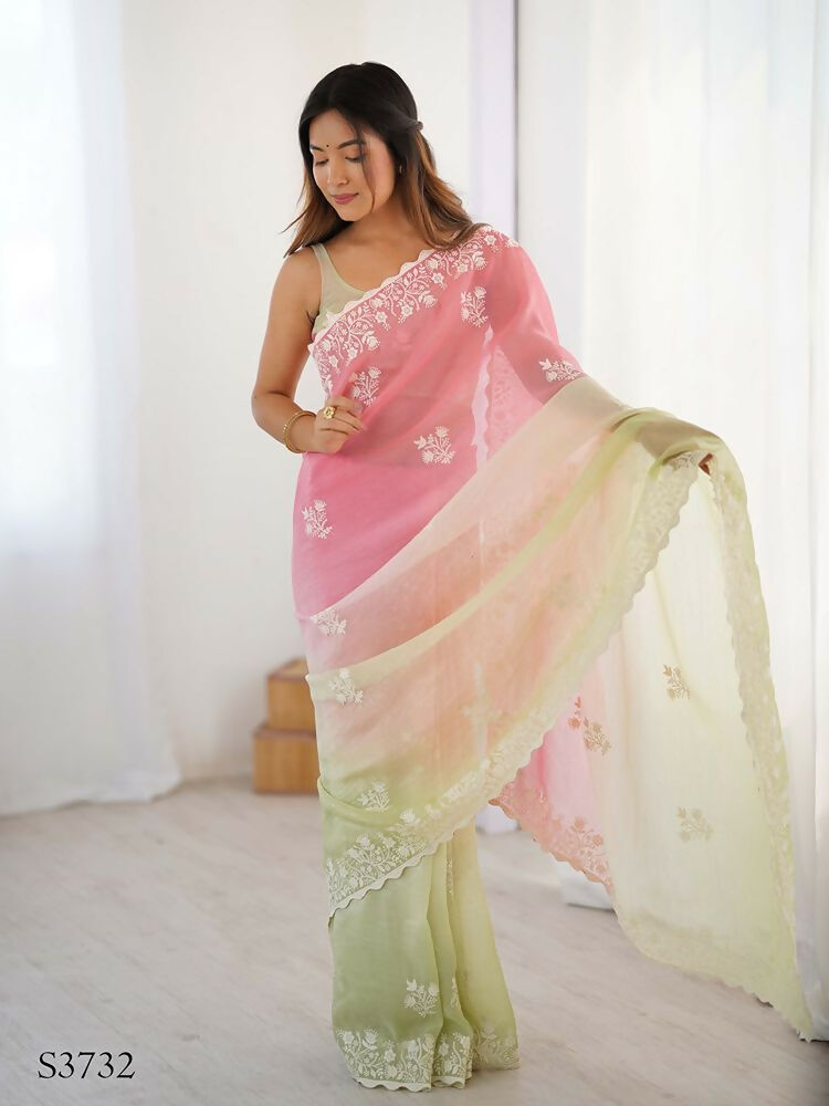 Pink Crunchy Silk Embroidery WorkParty Wear Saree - Lakshita