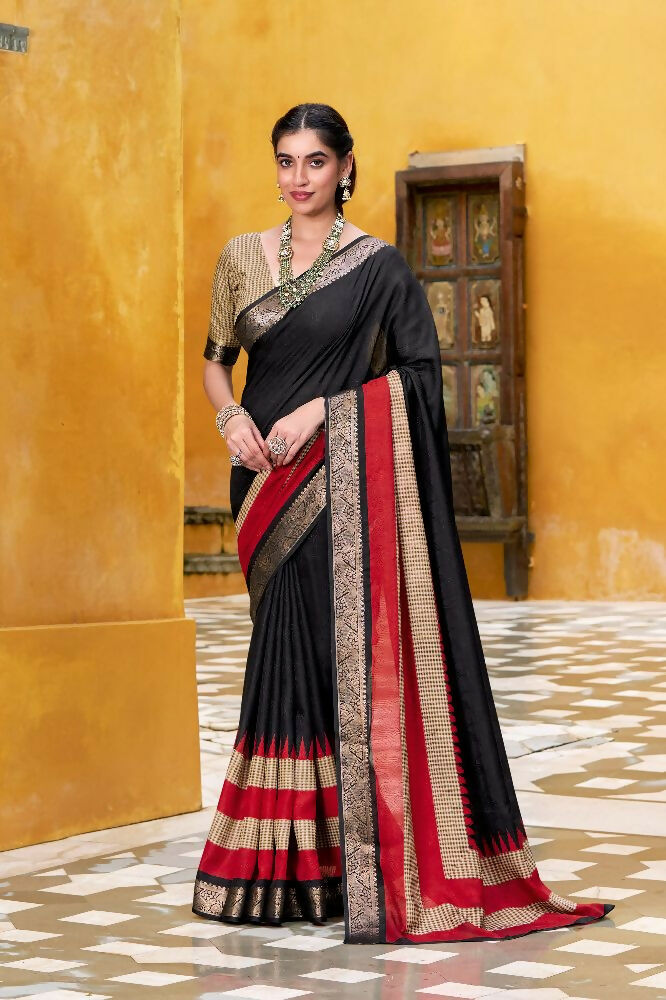 PR Fashion Black Poly Cotton Printed With Zari Weaving Work Saree