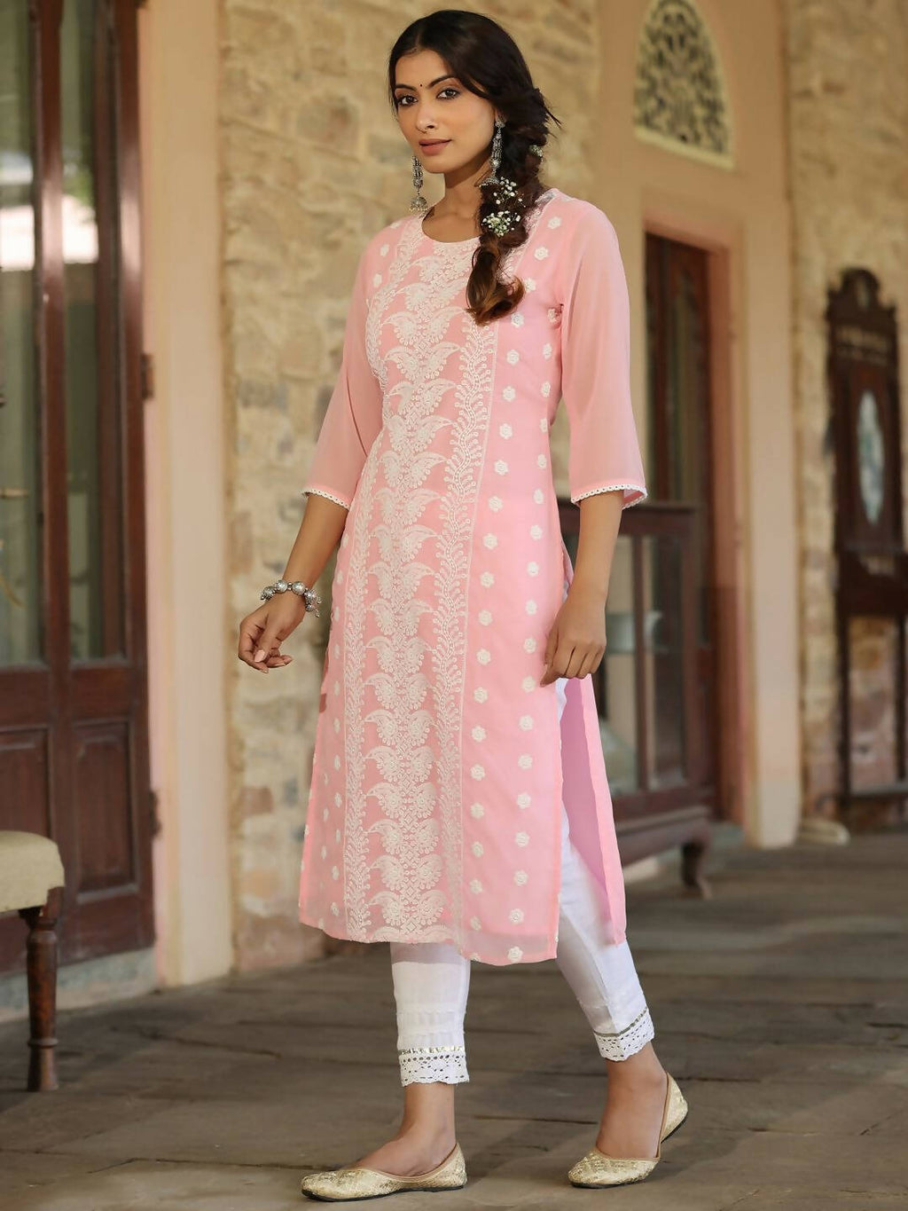 Juniper Women's Pink Georgette Printed Kurta