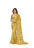 Mustard Georgette Zari Jacquard Embroidered Border With Mirror Work Saree With Unstitched Blouse Piece - Norita Zaina