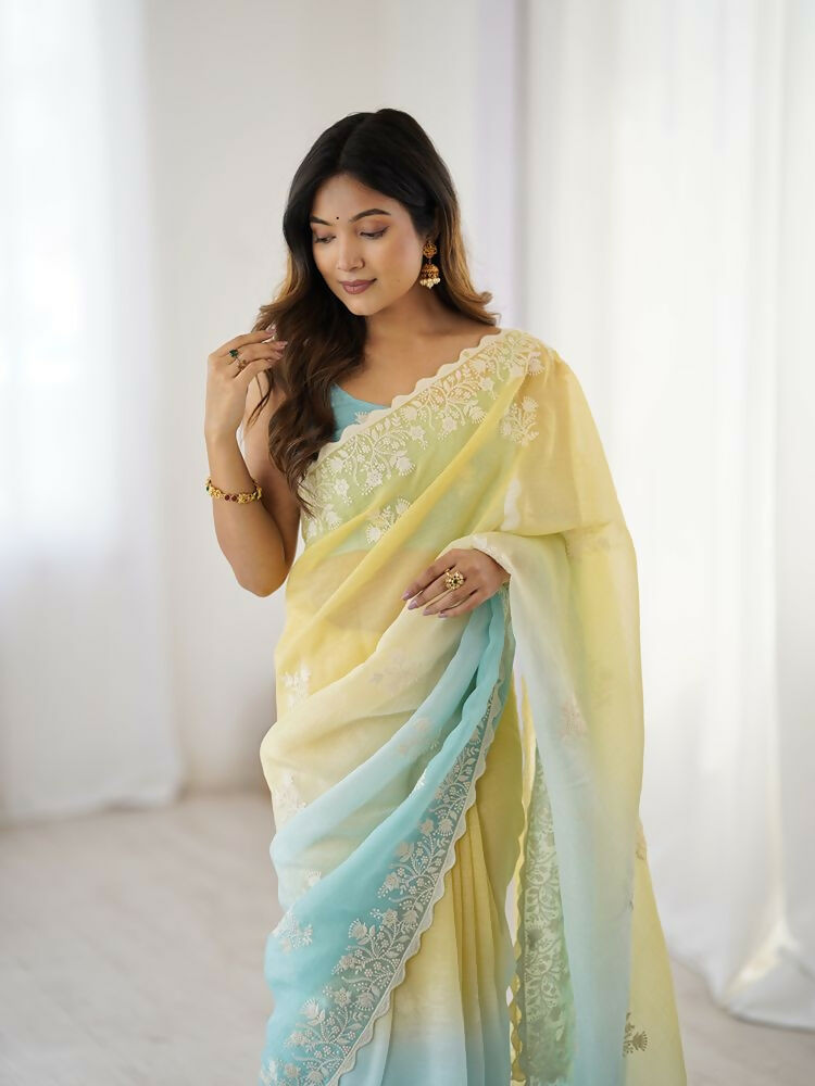 Yellow Crunchy Silk Embroidery Work Party Wear Saree - Lakshita