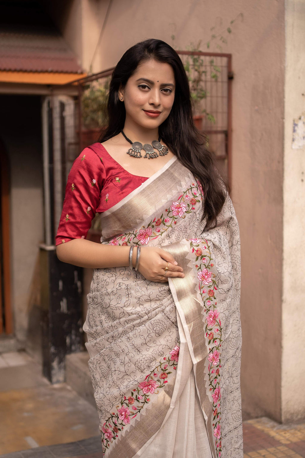 Grey Pure Linen Woven Design Saree with Unstitched Blouse - Hiral Fashion