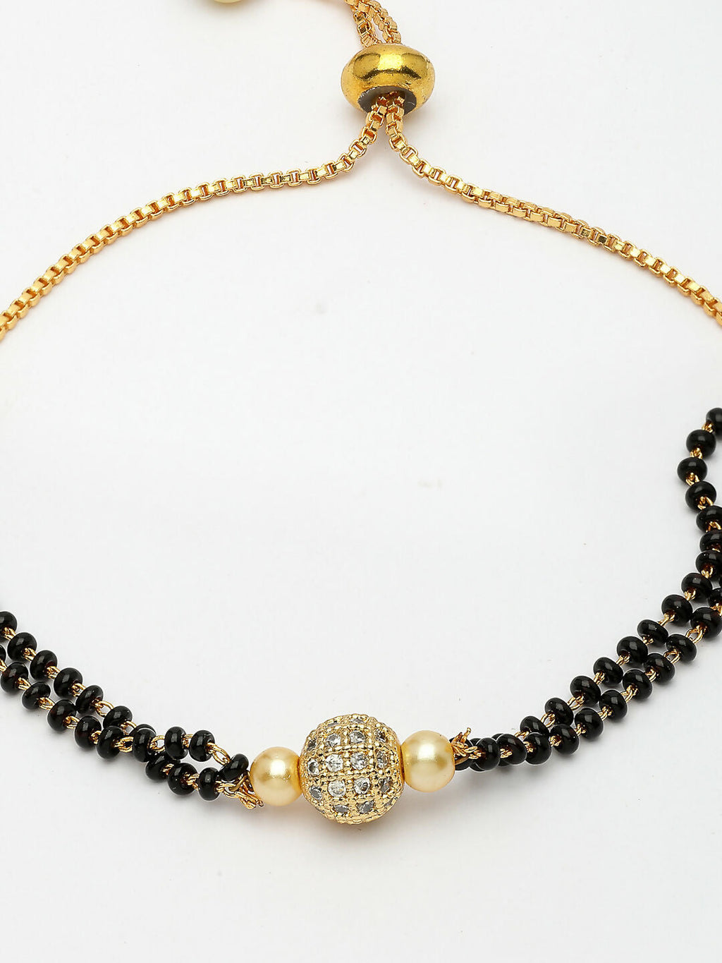 NVR Women Gold-Polished & Black Brass AD-Studded Hand Mangalsutra Bracelet