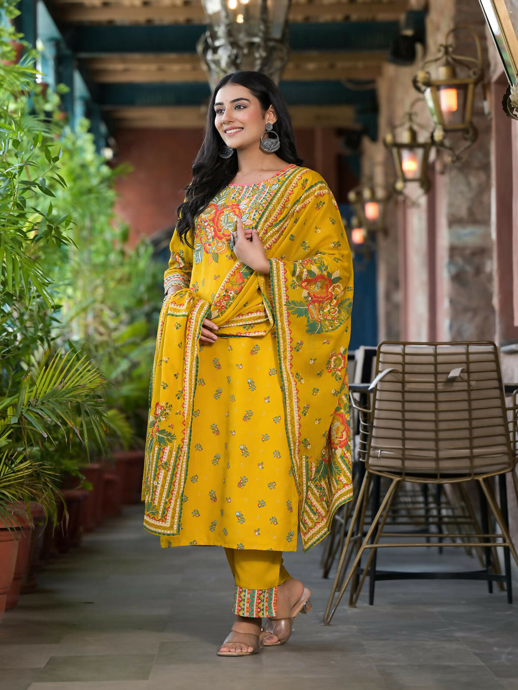 Juniper Women's Mustard Floral Printed Liva Rayon Kurta Pant And Dupatta Set With Sequins