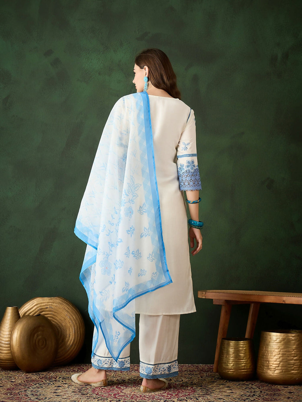 Blue & White Roman Silk Embroidered Kurta With Trouser & Dupatta - Bhumi