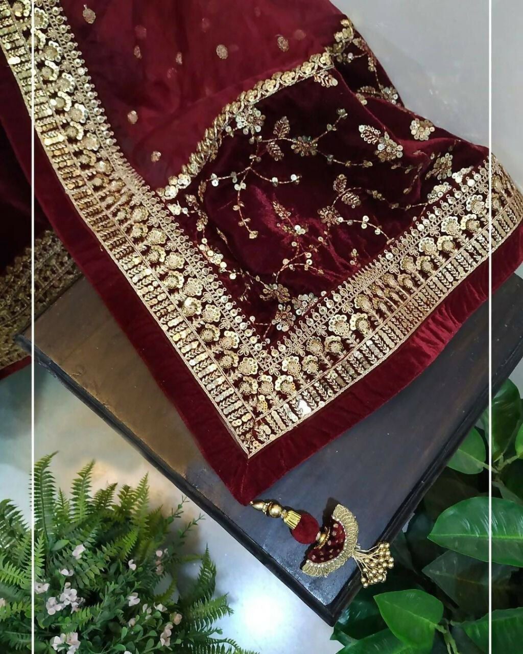 Vastranavya Wine Viscose Velvet Sequence Embroidery Work Gown Dupatta With Belt