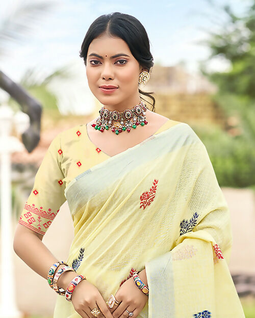 Sangam Prints Yellow Linen Woven Work Traditional Saree