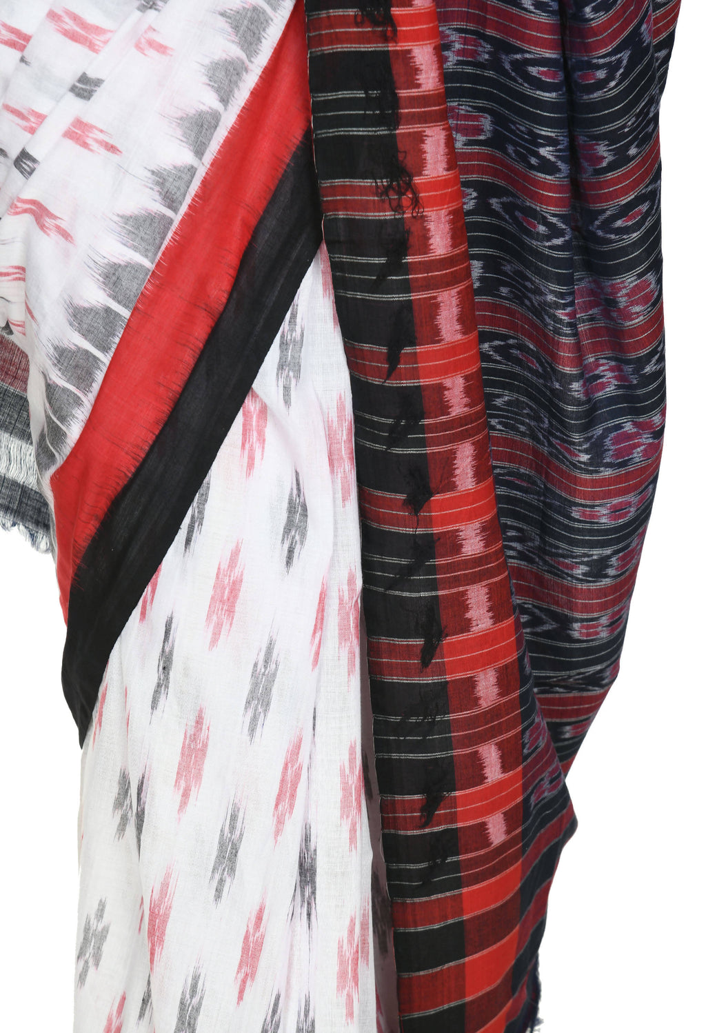 Vamika Sambalpuri Ikat Cotton Dehabandha White, Red & Black Saree