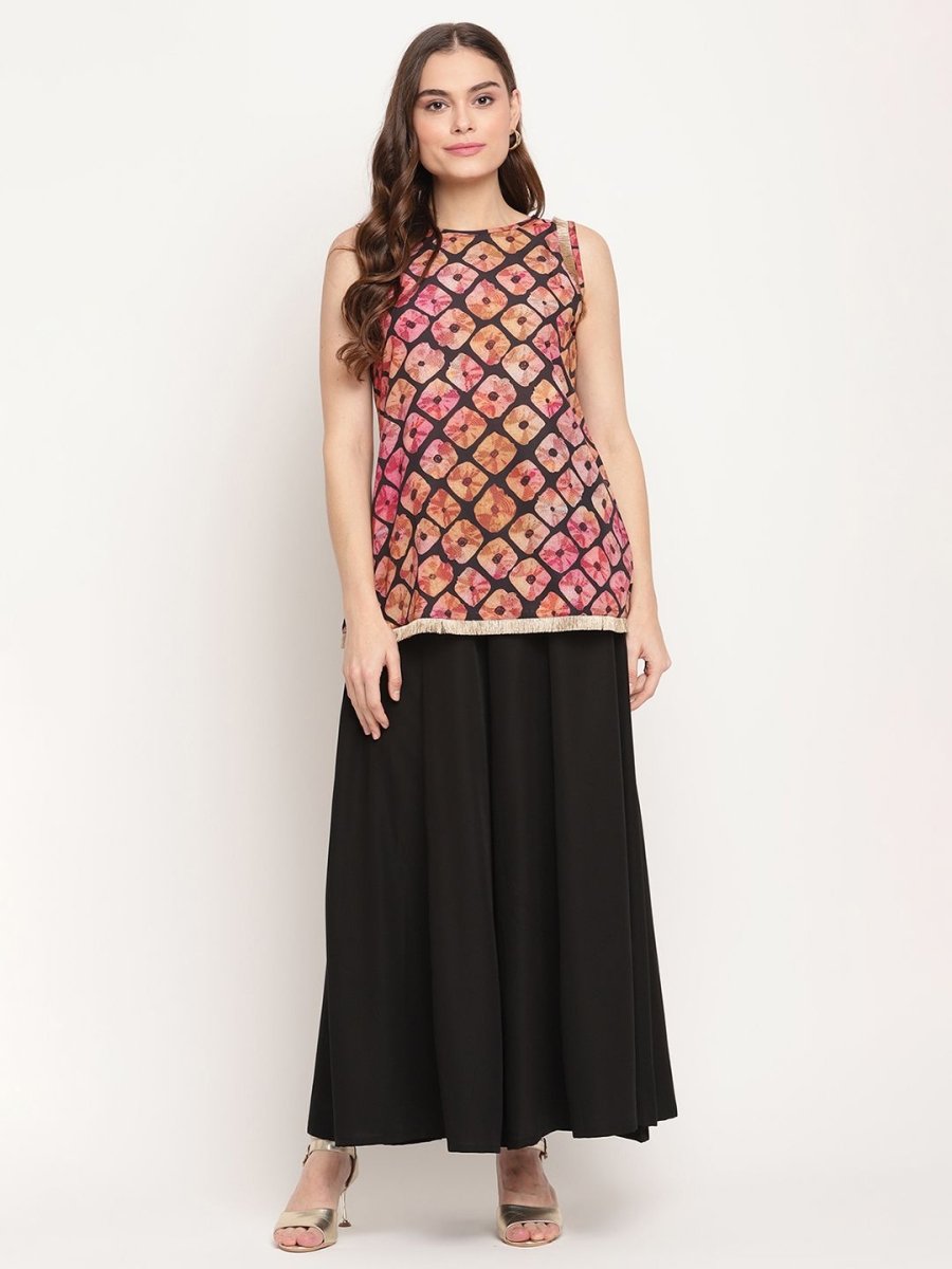 Ahalyaa Women's Black Crepe Digital Shibori Print Top Palazzo Set