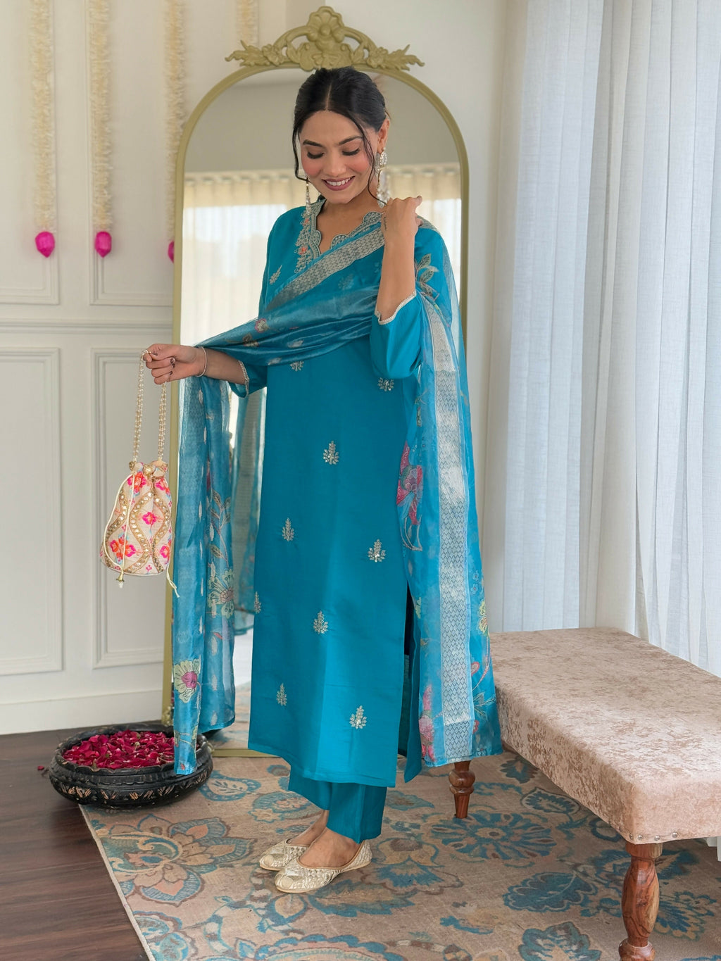 The52 Blue Women's Gorgeous Viscose Fabric Embroidered Work Straight Kurta, Pant and Dupatta Set