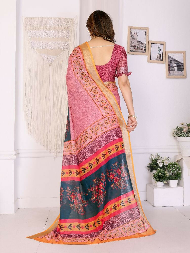 PR Fashion Orange Handloom Linen Cotton Zari Saree