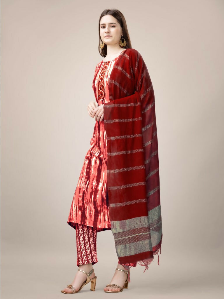 Jyoti Fashion Women's Orange Rayon Print with Embroidery & Fancy Lace Work Kurta with Trouser & Dupatta