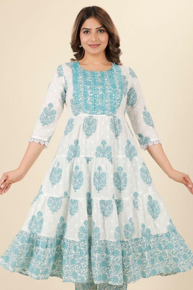 Aramya White Soft Cotton Block Anarkali Kurta for Women
