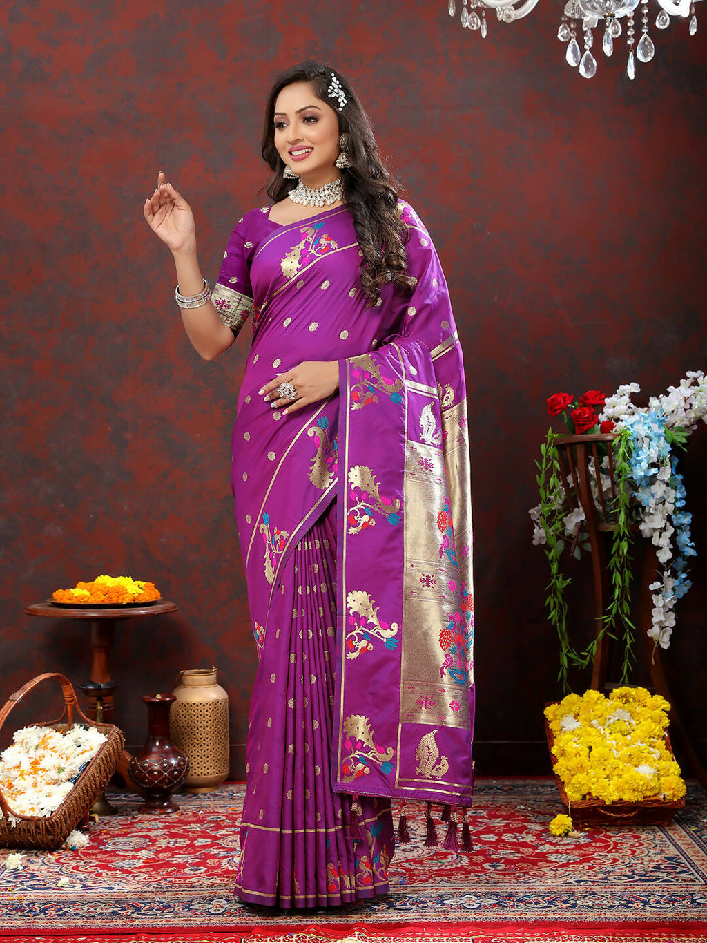 Lorenvalley Fashion Wine Soft Paithani Silk Woven Design Gold Zari Meenakari Weaving Saree