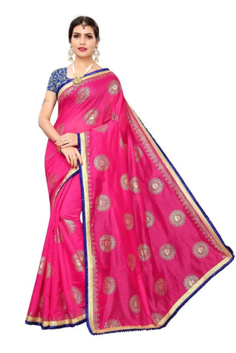 Vamika Chanderi Cotton Foil Print Pink Saree (GOLDEN BIRD Pink)