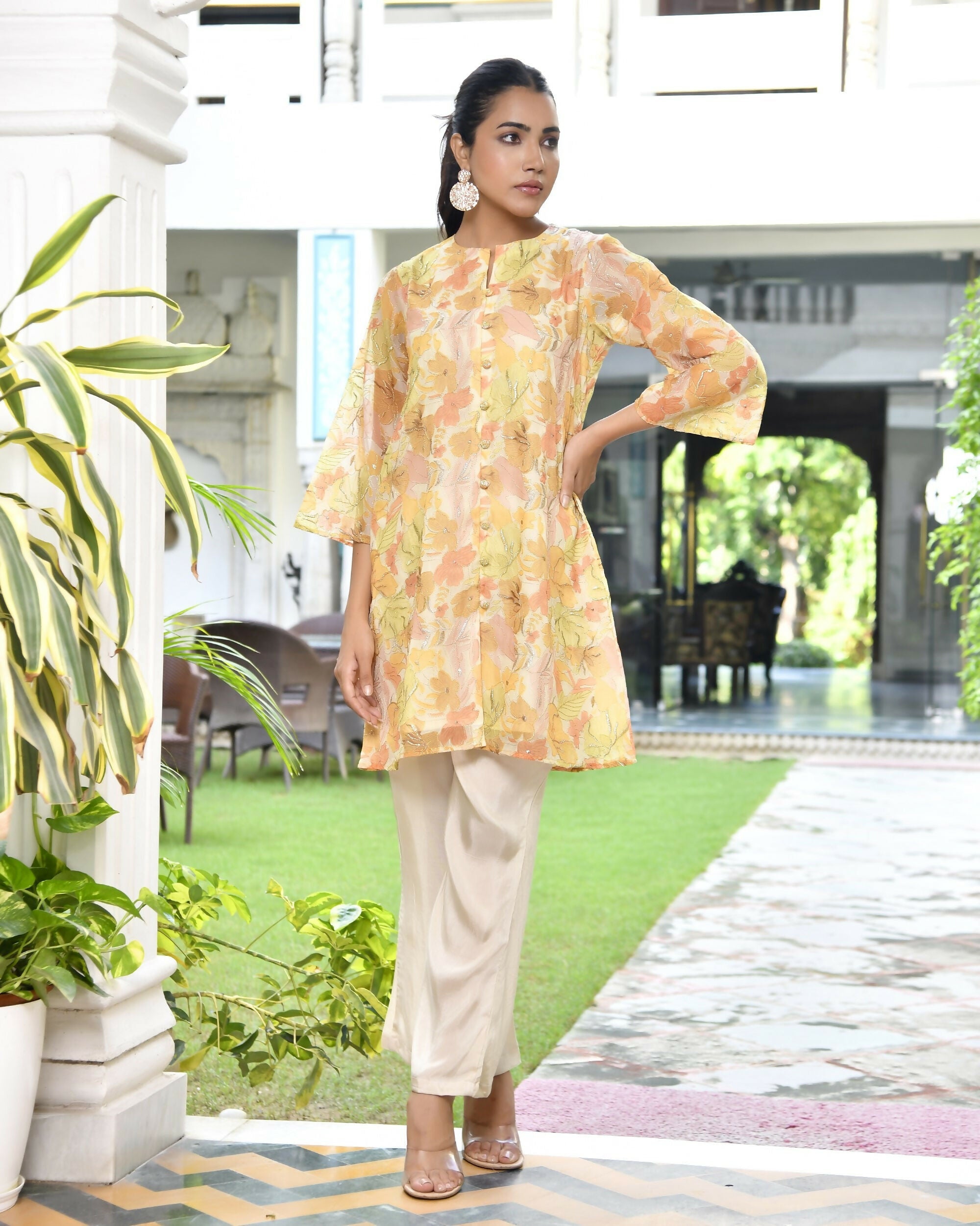 Vaasva Women's Lemon Yellow Organza Digital Printed Cord Set