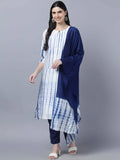 Myshka Women White Blue Tie Dyed Kurta Trousers With Dupatta Set