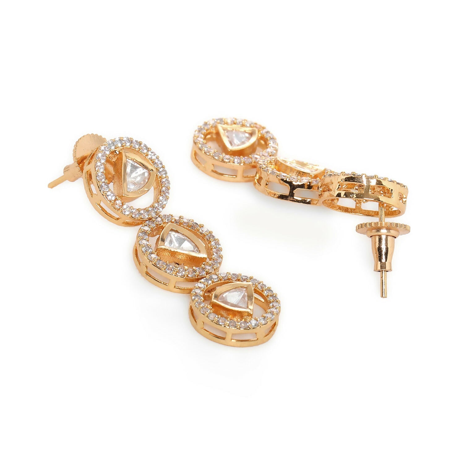 3 Tier Round Diamond and Kundan Earrings (Gold) - Ruby Raang