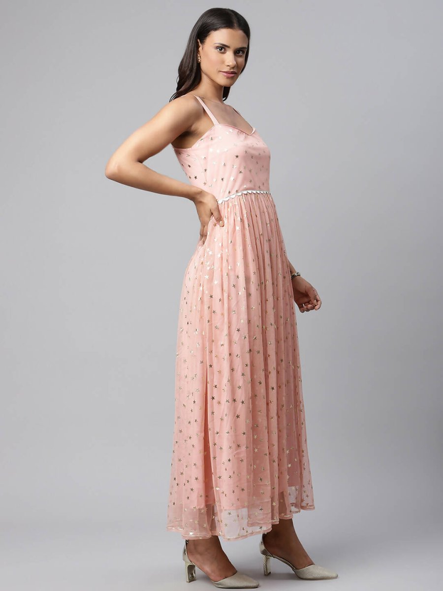 Ahalyaa Women Pink Net Gold Foil Print Dress