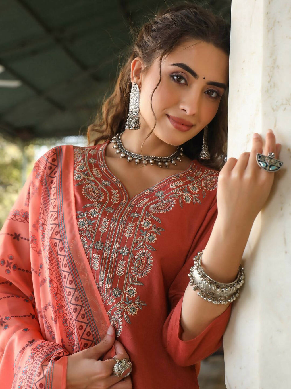 Juniper Women's Rust Silk Solid Embroidered Kurta Set