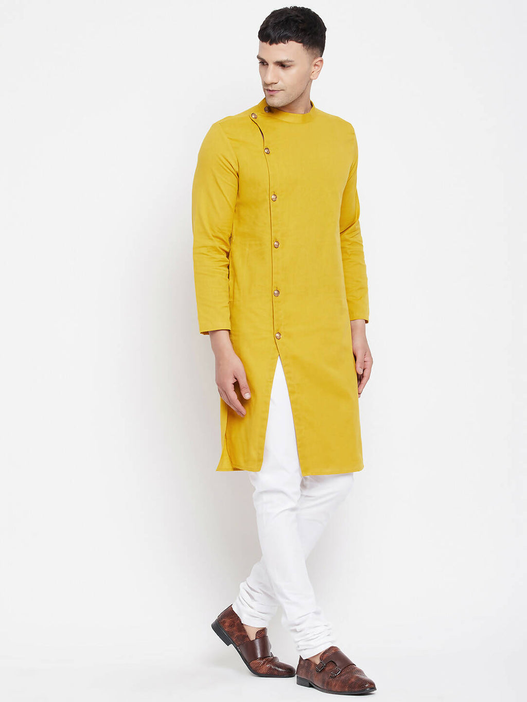 Even Apparels Yellow Pure Cotton Men's Sherwani Kurta With Asymetrical Cut