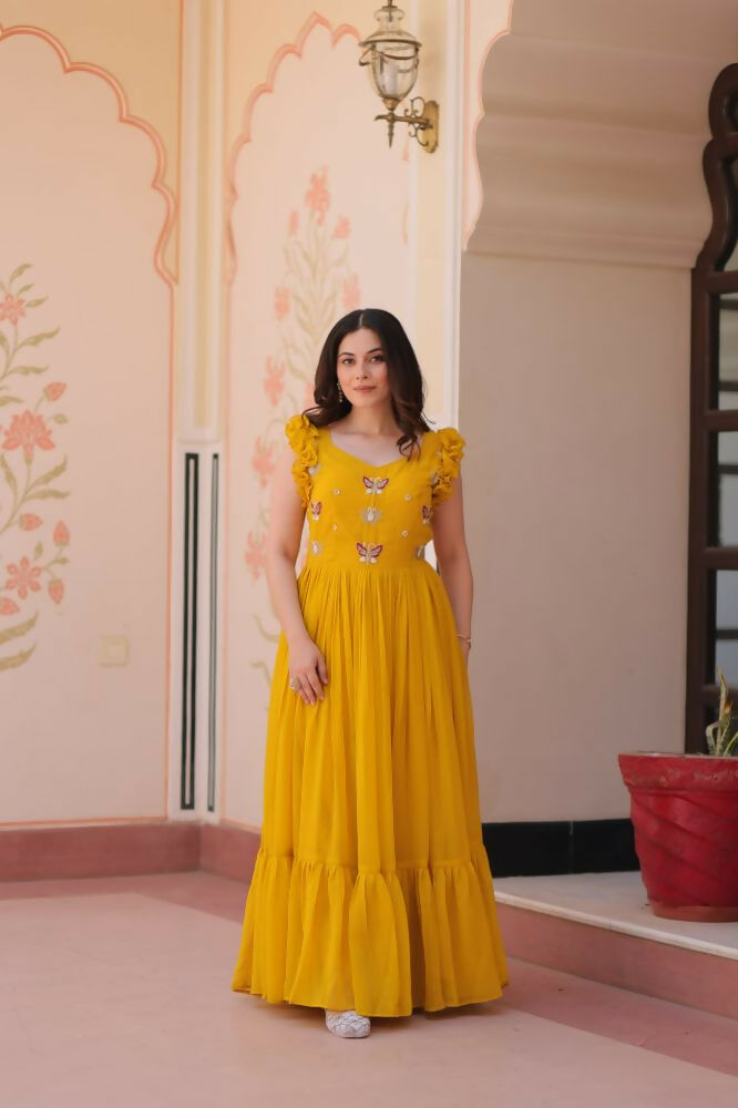 Vastranavya Yellow Faux Blooming With Sequins Multithreaded Beads Embroidered work Gown