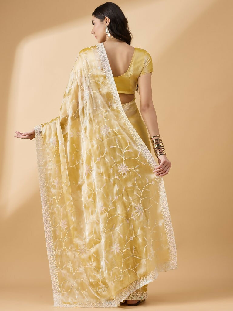 Yellow Tissue Slub Embroidered Saree with Unstitched Blouse - Vairagi