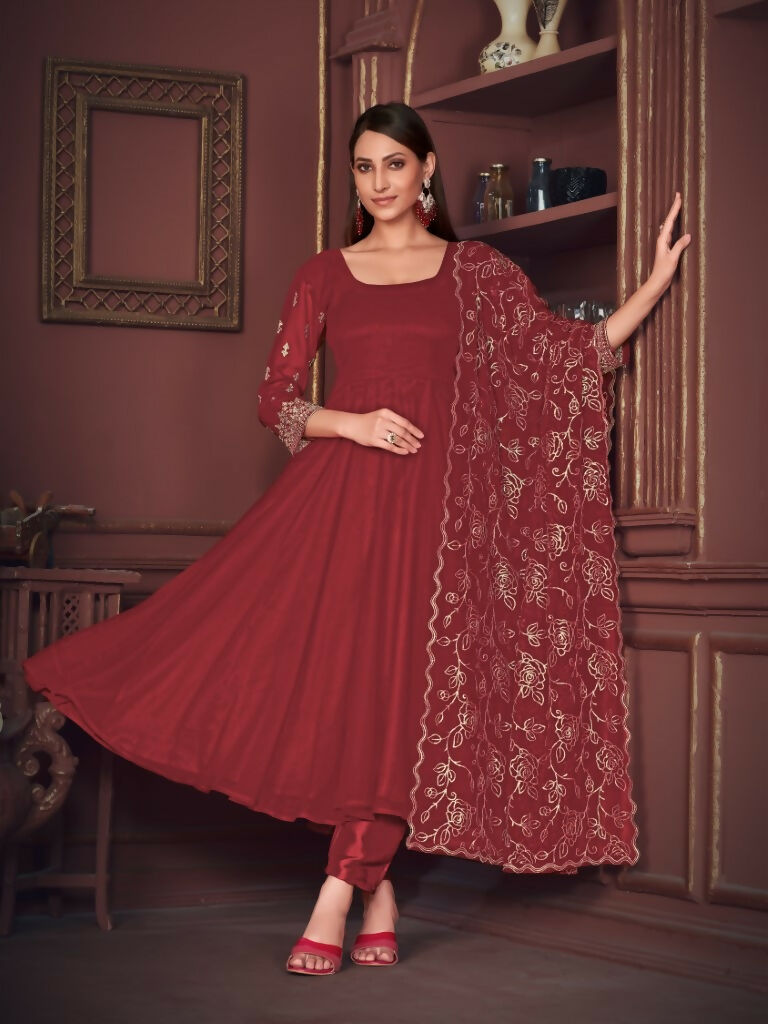 Jyoti Fashion Women's Maroon Georgette Embroidered Anarkali Kurta Pant Set With Dupatta